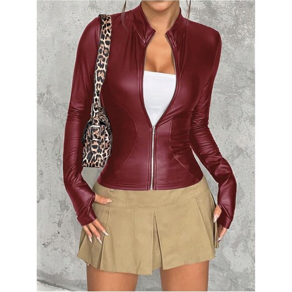 Women Faux Leather Jacket Thin Fleece Mock Neck Zip Up Long Sleeve Winter Red - Picture 4 of 5